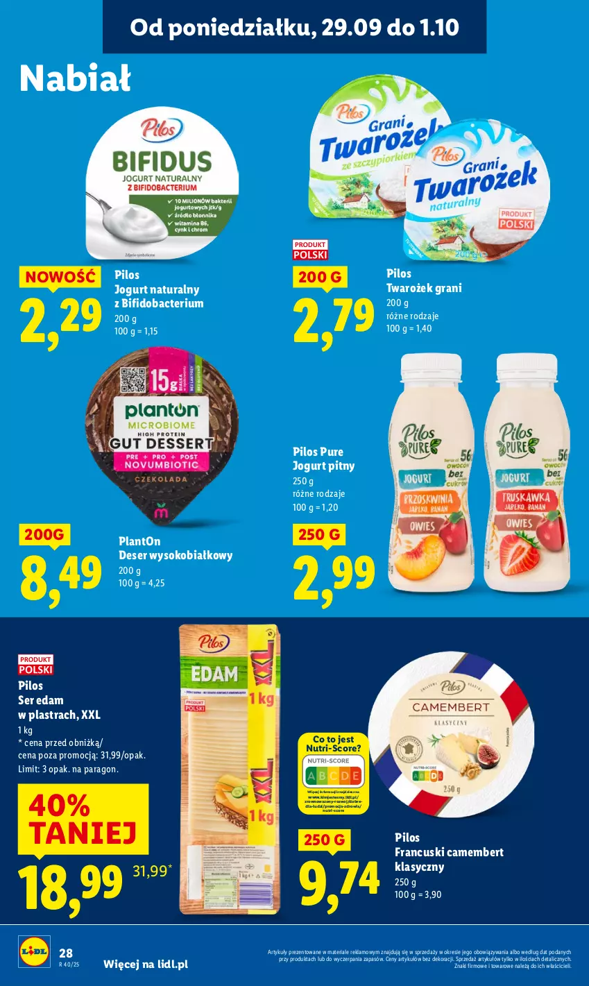 Gazetka promocyjna Lidl - GAZETKA - ważna 29.09 do 01.10.2025 - strona 30 - produkty: Camembert, Deser, Edam, Gra, Jogurt, Jogurt naturalny, Jogurt pitny, Pilos, Pur, Ser, Sok, Wazon