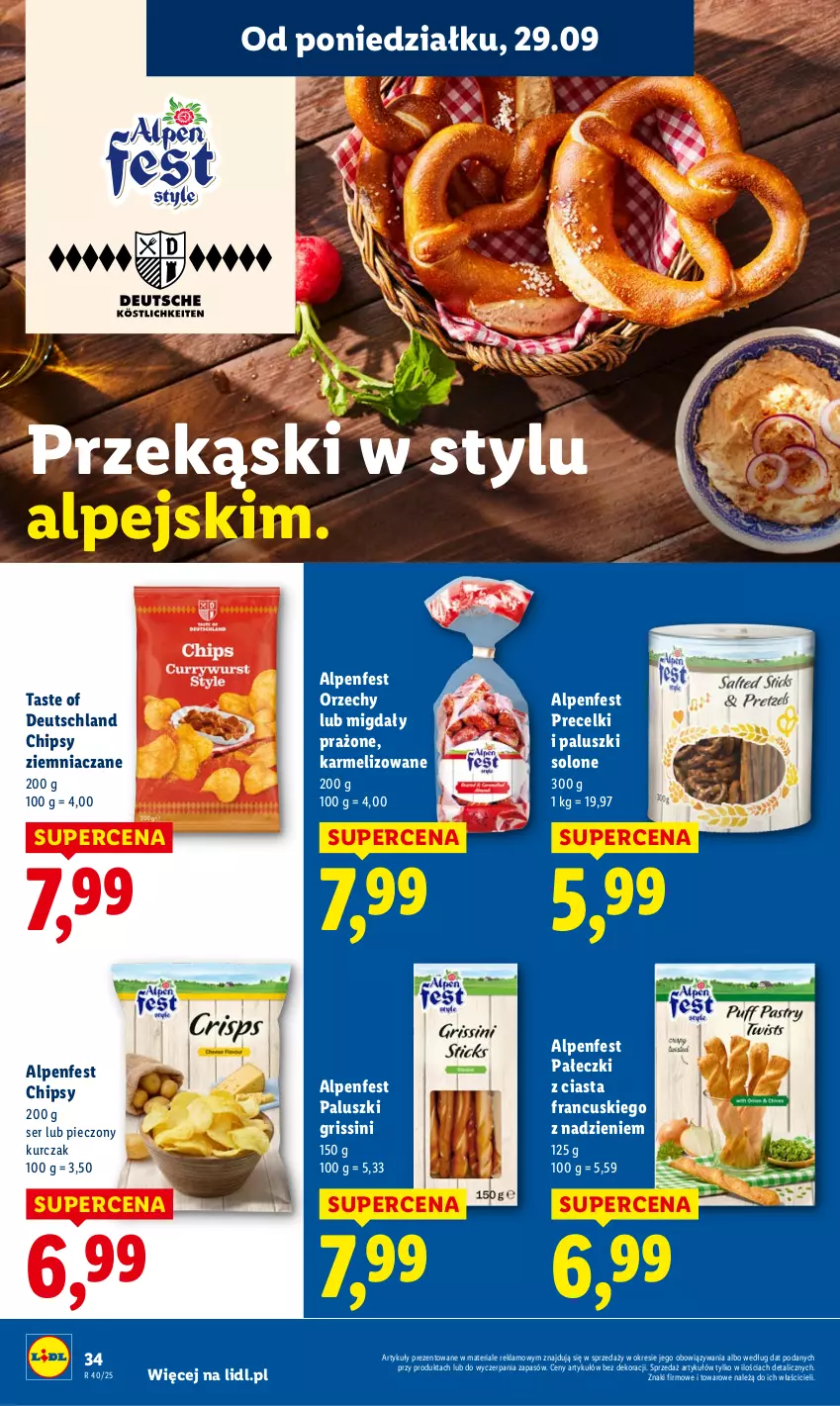 Gazetka promocyjna Lidl - GAZETKA - ważna 29.09 do 01.10.2025 - strona 36 - produkty: Chipsy, Grissini, Kurczak, Migdały, Piec, Precelki, Ser