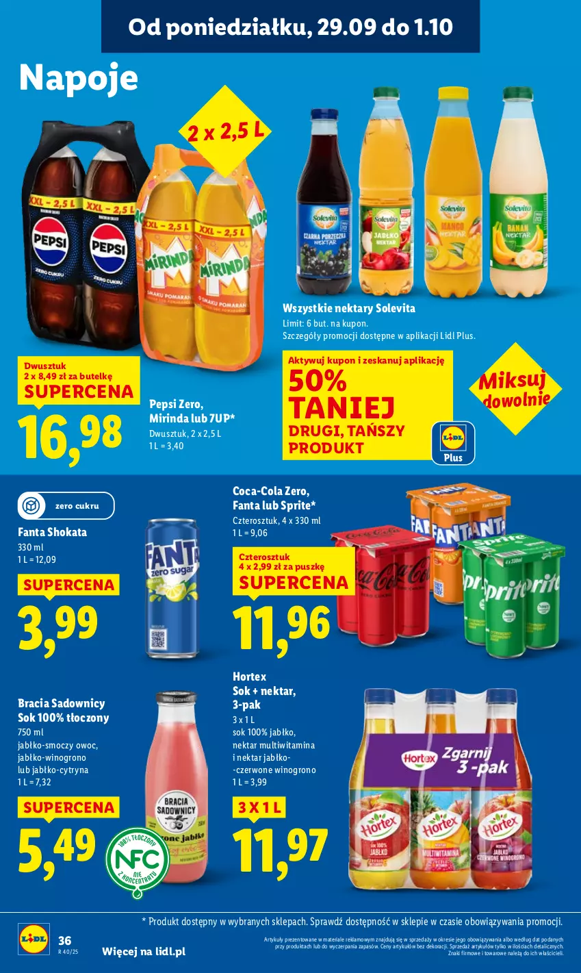 Gazetka promocyjna Lidl - GAZETKA - ważna 29.09 do 01.10.2025 - strona 38 - produkty: 7up, Coca-Cola, Fa, Fanta, Hortex, Mirinda, Napoje, Nektar, Pepsi, Sok, Sprite, Wino