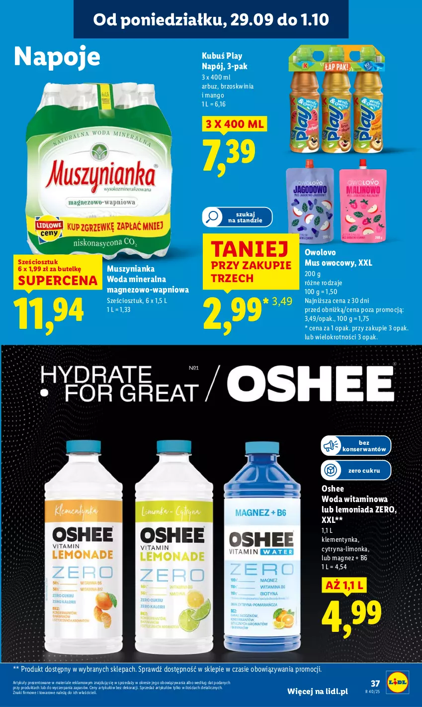 Gazetka promocyjna Lidl - GAZETKA - ważna 29.09 do 01.10.2025 - strona 39 - produkty: Arbuz, Kubuś, Lemoniada, Limonka, Magnez, Mango, Mus, Muszynianka, Napój, Napoje, Oshee, Ser, Woda, Woda mineralna