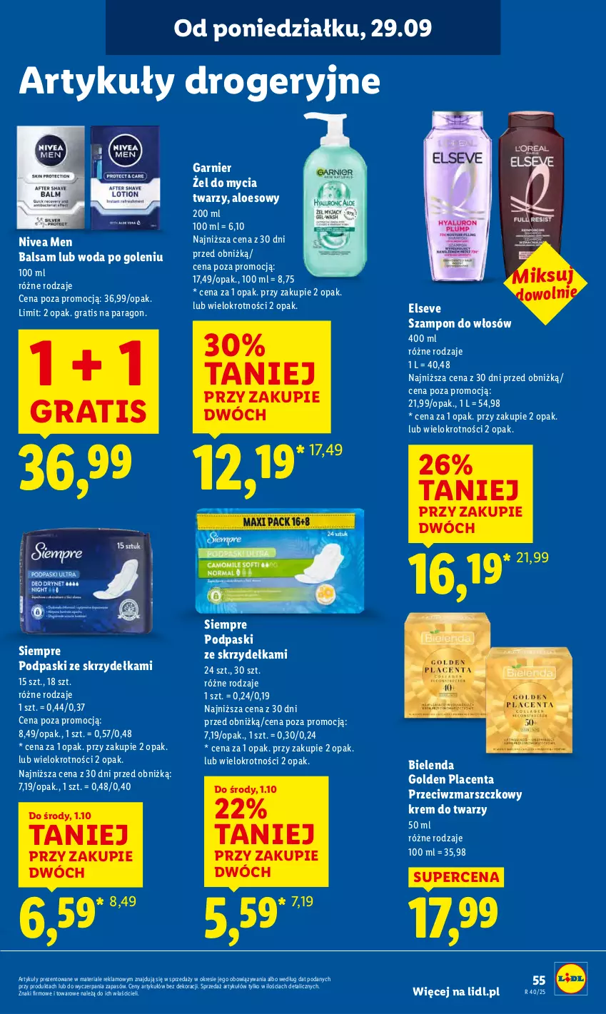 Gazetka promocyjna Lidl - GAZETKA - ważna 29.09 do 01.10.2025 - strona 59 - produkty: Bielenda, Elseve, Garnier, Gra, Krem do twarzy, Mars, Nivea, Nivea Men, Podpaski, Podpaski ze skrzydełkami, Szampon, Woda, Woda po goleniu