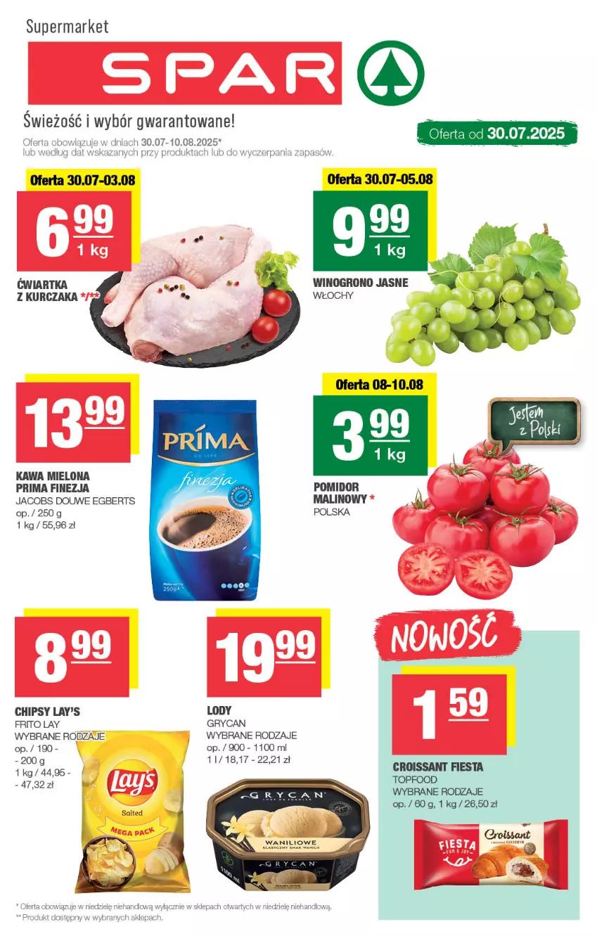 Gazetka promocyjna Spar - Spar - ważna 27.07 do 06.08.2025 - strona 1 - produkty: Chipsy, Croissant, Gry, Jacobs, Kawa, Kawa mielona, Kurczak, Lody, Pomidor malinowy, Prima, Top, Wino