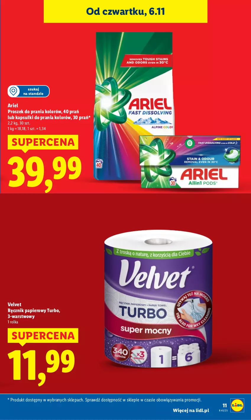 Gazetka promocyjna Lidl - GAZETKA - ważna 06.11 do 08.11.2025 - strona 11 - produkty: Ariel, Kapsułki do prania, Papier, Proszek do prania, Ręcznik, Velvet