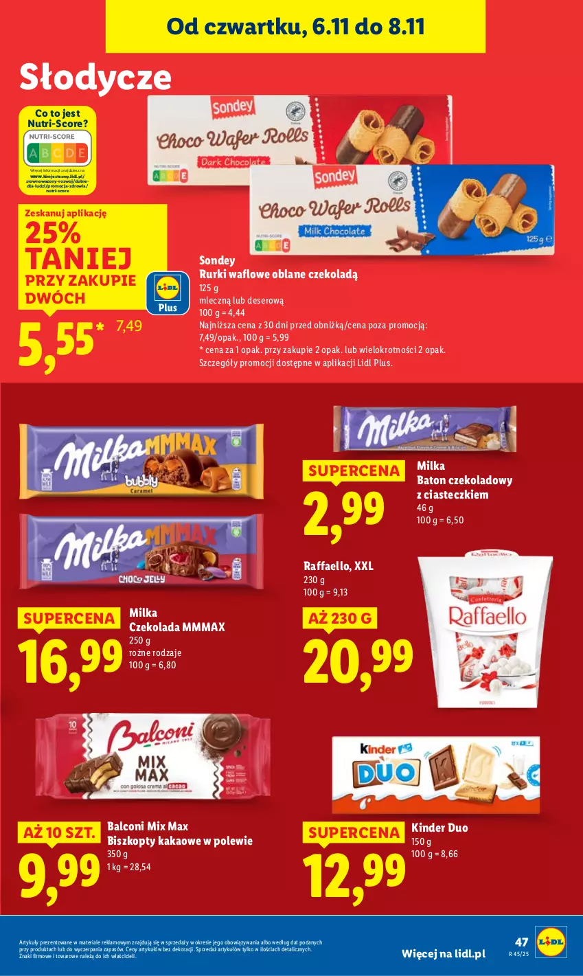 Gazetka promocyjna Lidl - GAZETKA - ważna 06.11 do 08.11.2025 - strona 51 - produkty: Alcon, Baton, Biszkopty, Czekolada, Deser, Fa, Kakao, Kinder, Milka, Raffaello, Rurki, Ser, Wazon