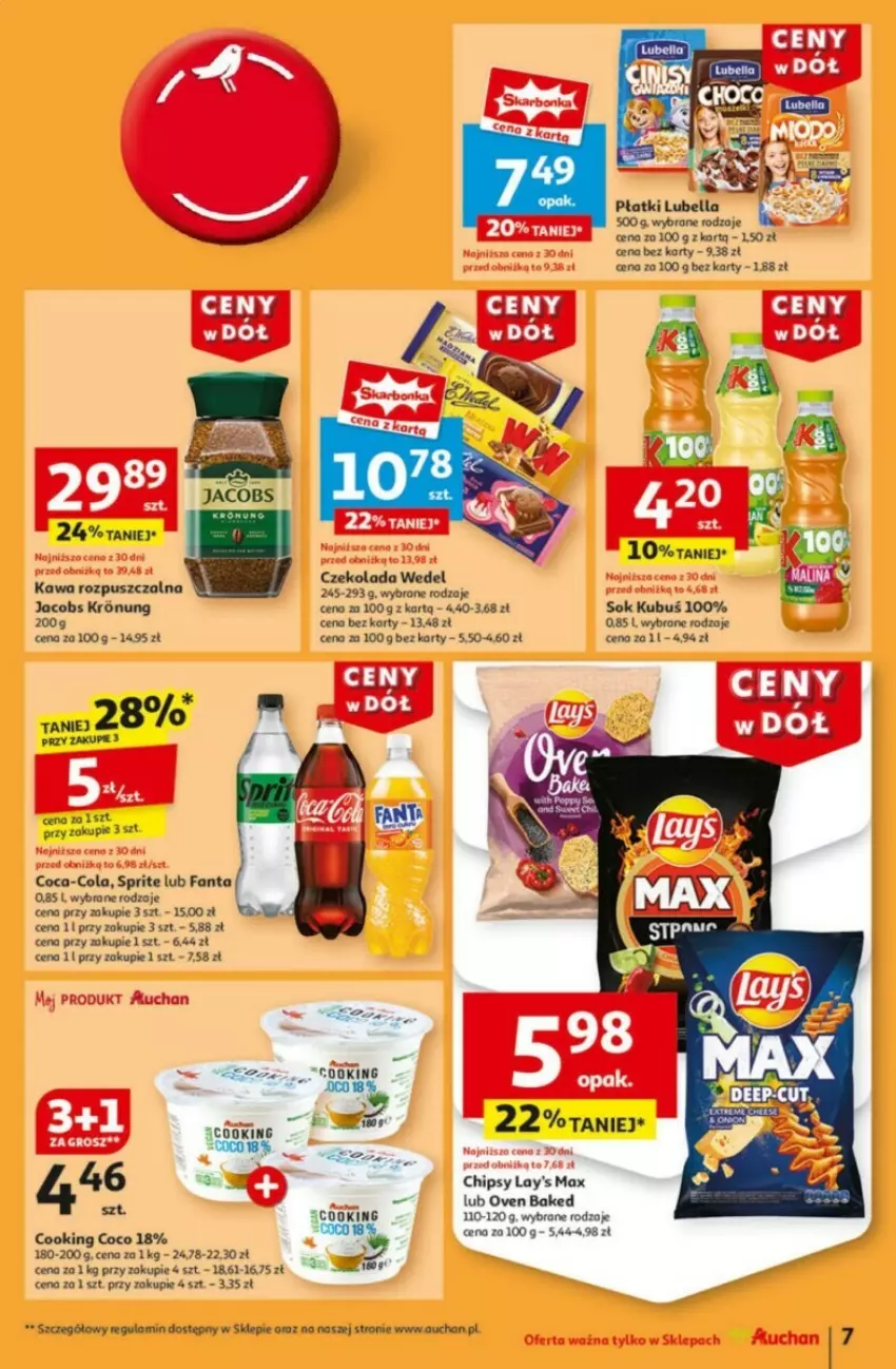 Gazetka promocyjna Auchan - ważna 09.01 do 15.01.2025 - strona 10 - produkty: Bell, Bella, Chipsy, Coca-Cola, Czekolada, Fa, Fanta, Jacobs, Kawa, Kawa rozpuszczalna, Kubuś, Lubella, Sok, Sprite