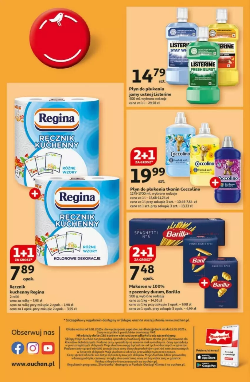 Gazetka promocyjna Auchan - ważna 09.01 do 15.01.2025 - strona 2 - produkty: Barilla, Coccolino, Gin, Gra, Listerine, Makaron, Płyn do płukania, Płyn do płukania jamy ustnej, Ręcznik, Ręcznik kuchenny, Rolki, Rum, Ser, Top