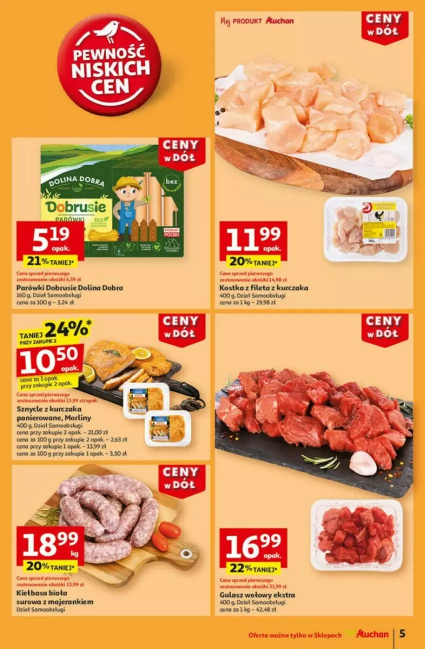 Gazetka promocyjna Auchan - ważna 09.01 do 15.01.2025 - strona 8 - produkty: Gulasz wołowy, Kiełbasa, Kiełbasa biała, Kurczak, Morliny, Obrus, Parówki