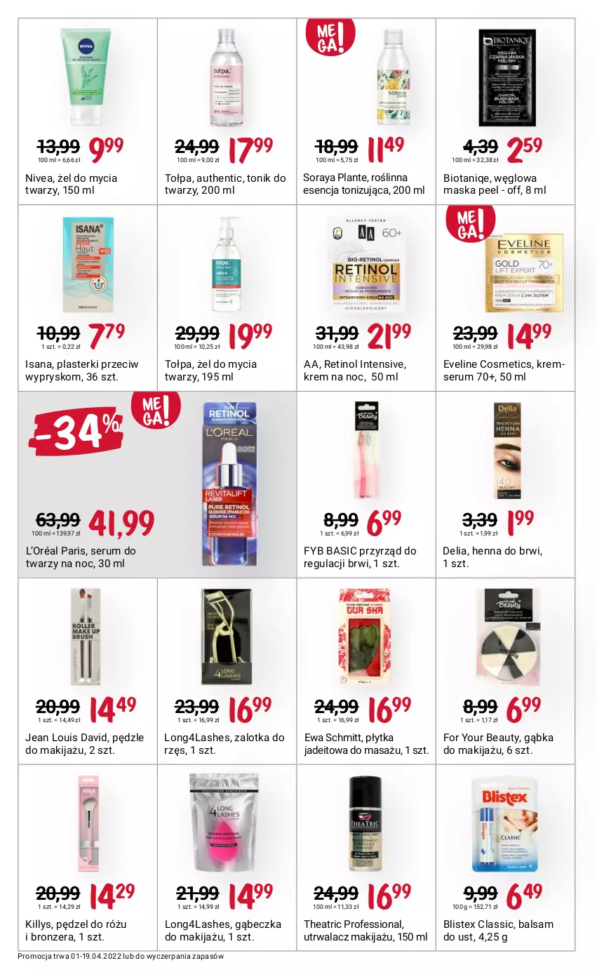 Gazetka promocyjna Rossmann - ważna 01.04 do 19.04.2022 - strona 10 - produkty: Balsam do ust, Bronzer, Eveline, Ewa Schmitt, For Your Beauty, Isana, Killys, Krem na noc, L’Oréal, Makijaż, Maska, Nivea, Pędzel do różu, Plasterki, Płytka, Rum, Ser, Serum, Serum do twarzy, Tołpa, Tonik, Tonik do twarzy