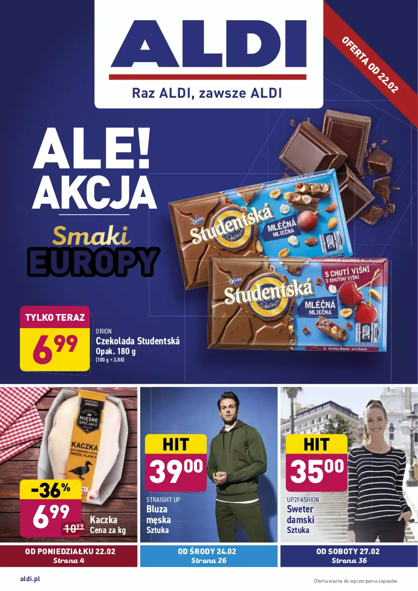 Gazetka promocyjna Aldi - ALE! CENA w ALDI - ważna 22.02 do 06.03.2021 - strona 1 - produkty: Bluza, Czekolada, Fa, Kaczka, Sweter, Tera
