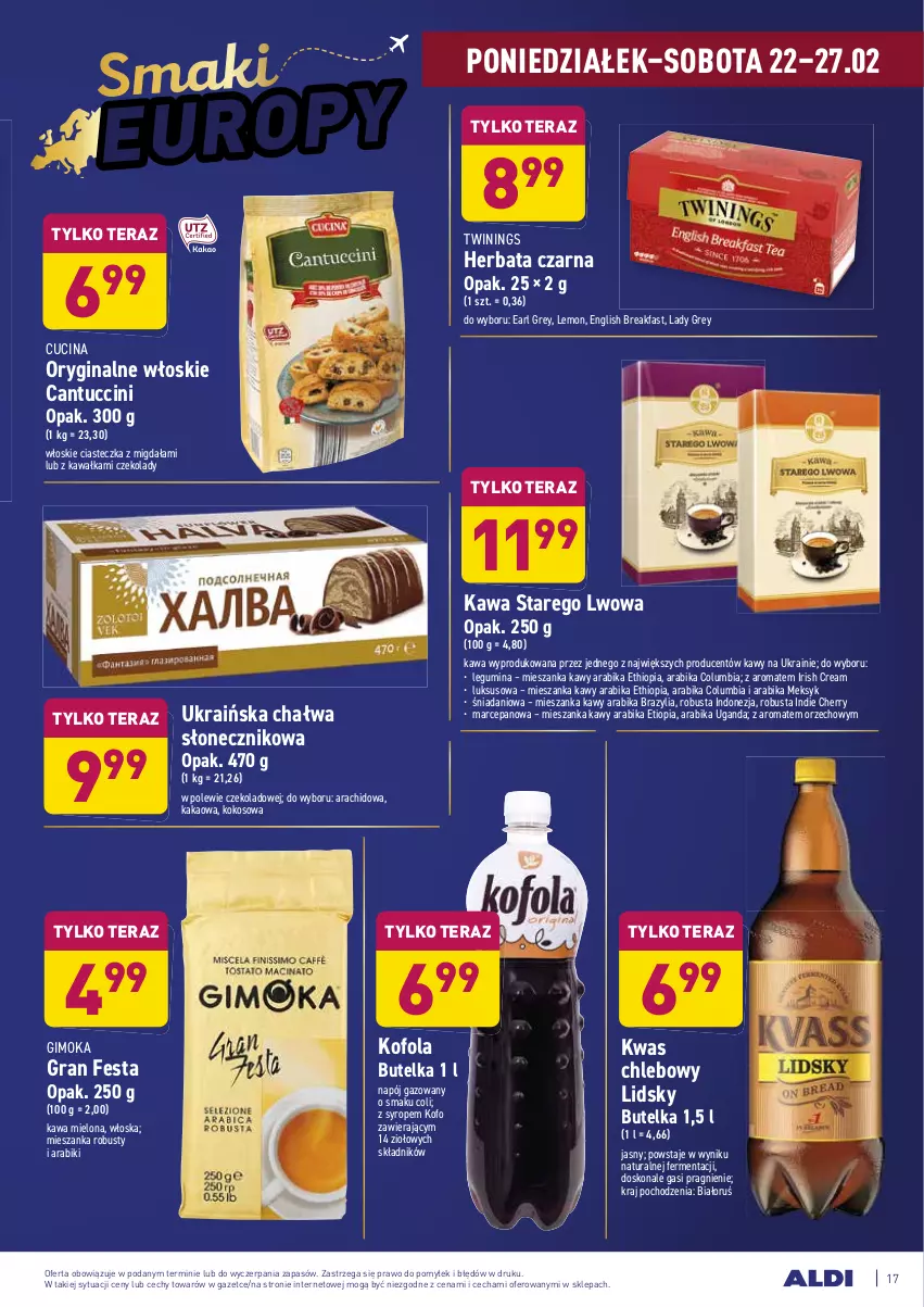 Gazetka promocyjna Aldi - ALE! CENA w ALDI - ważna 22.02 do 06.03.2021 - strona 17 - produkty: Chałwa, Chleb, Columbia, Danio, Earl Grey, Fa, Gimoka, Gin, Gra, Herbata, Herbata czarna, Kakao, Kawa, Kawa mielona, Kokos, Napój, Napój gazowany, Syrop, Tera