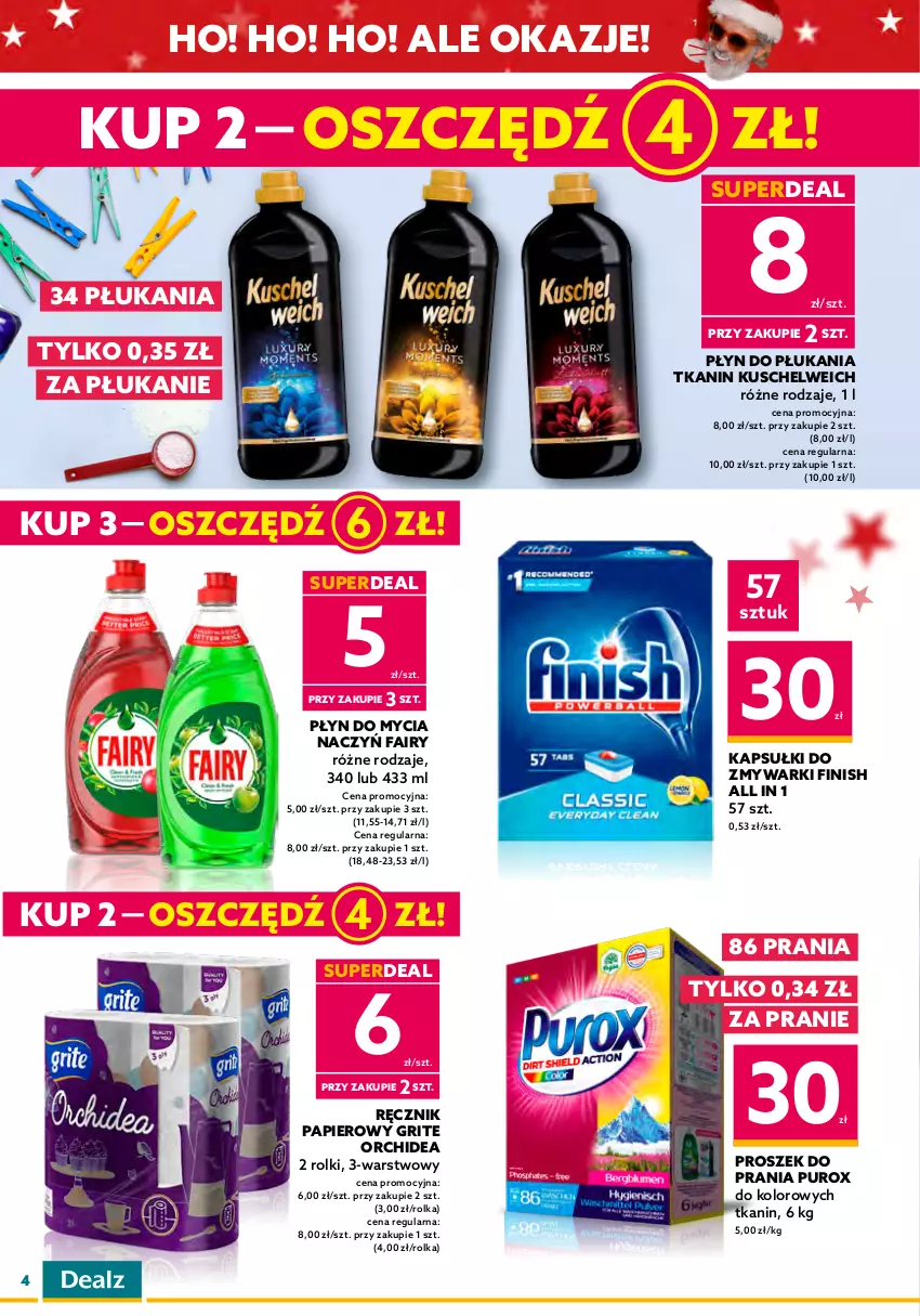 Gazetka promocyjna Dealz - NOWA GAZETKADeal z Mikołajem! - ważna 02.11 do 15.11.2022 - strona 4 - produkty: Adidas, Antyperspirant, Aquafresh, Do mycia naczyń, Dove, Fa, Fairy, Finish, Mydło, Nivea, Palmolive, Papier, Pasta do zębów, Płyn do mycia, Płyn do mycia naczyń, Płyn do płukania, Proszek do prania, Pur, Ręcznik, Rolki, Szampon, Zmywarki