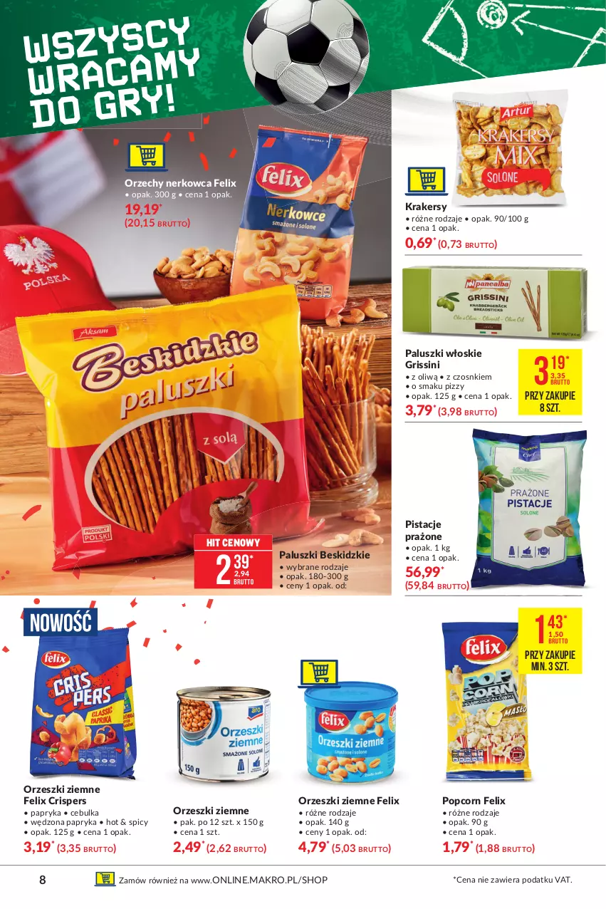 Gazetka promocyjna Makro - [Oferta specjalna] Sezon na grillowanie - ważna 18.05 do 07.06.2021 - strona 8 - produkty: Beskidzki, Felix, Grissini, Gry, Krakersy, Orzeszki, Orzeszki ziemne, Papryka, Pistacje, Popcorn