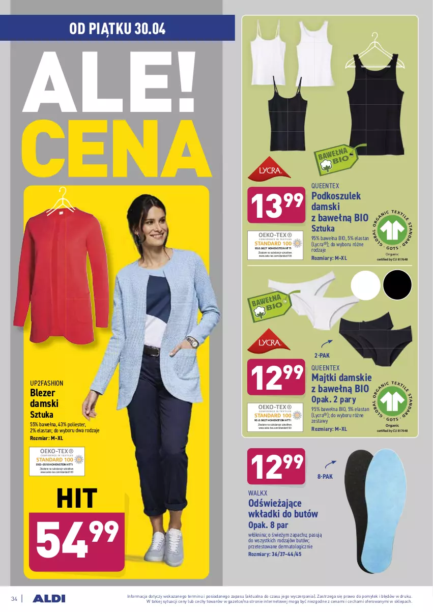 Gazetka promocyjna Aldi - ważna 26.04 do 30.04.2021 - strona 34 - produkty: Blezer damski, Fa, Kosz, Majtki, Podkoszulek, Queentex, Wełna, Wkładki