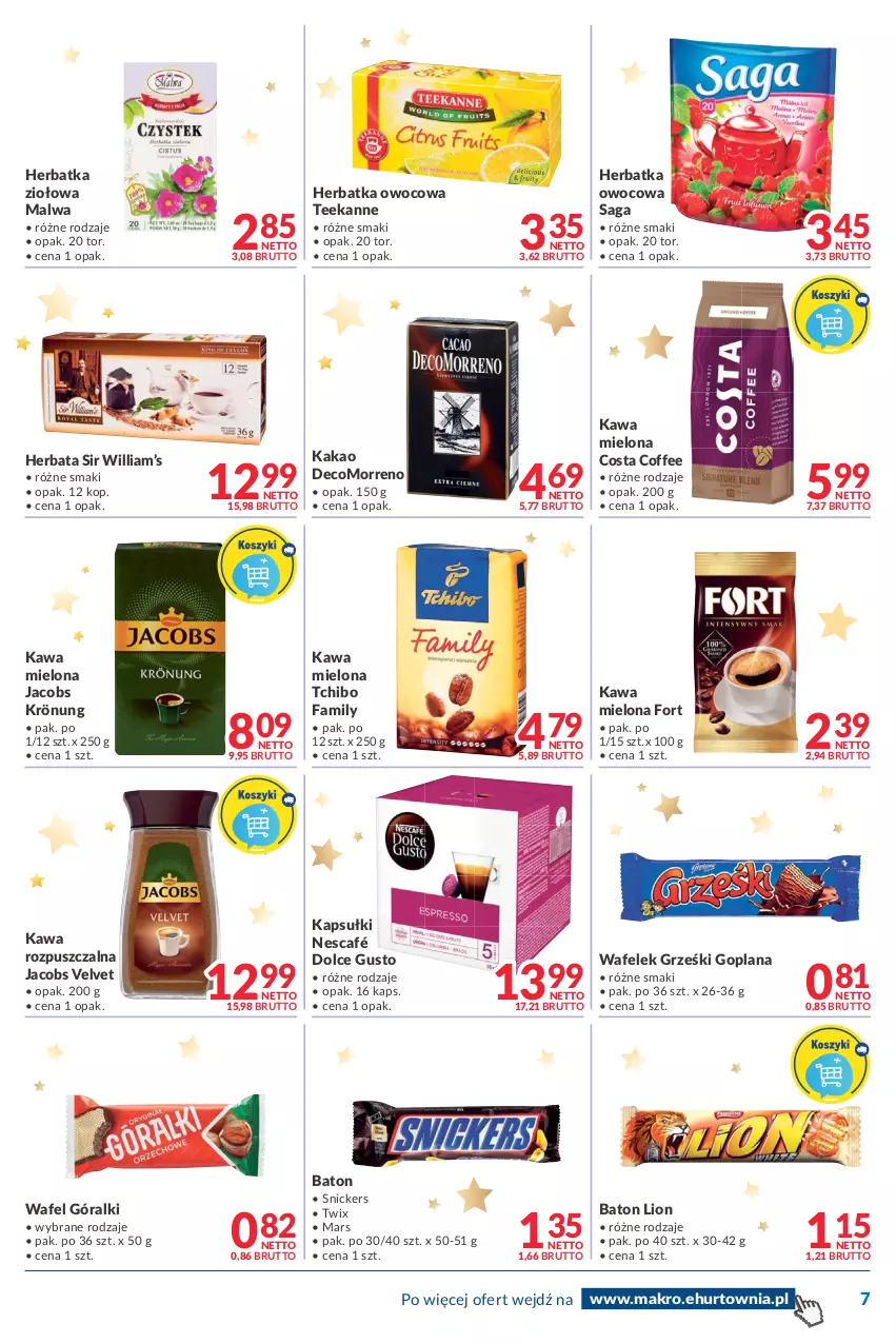 Gazetka promocyjna Makro - [Oferta promocyjna] Dostawa - ważna 14.12 do 24.12.2021 - strona 7 - produkty: Baton, Dolce Gusto, Fa, Goplana, Góralki, Grześki, Herbata, Jacobs, Jacobs Krönung, Jacobs Velvet, Kakao, Kawa, Kawa mielona, Kawa rozpuszczalna, LANA, Lion, Mars, Nescafé, Saga, Snickers, Tchibo, Tchibo Family, Teekanne, Twix, Velvet, Wafelek