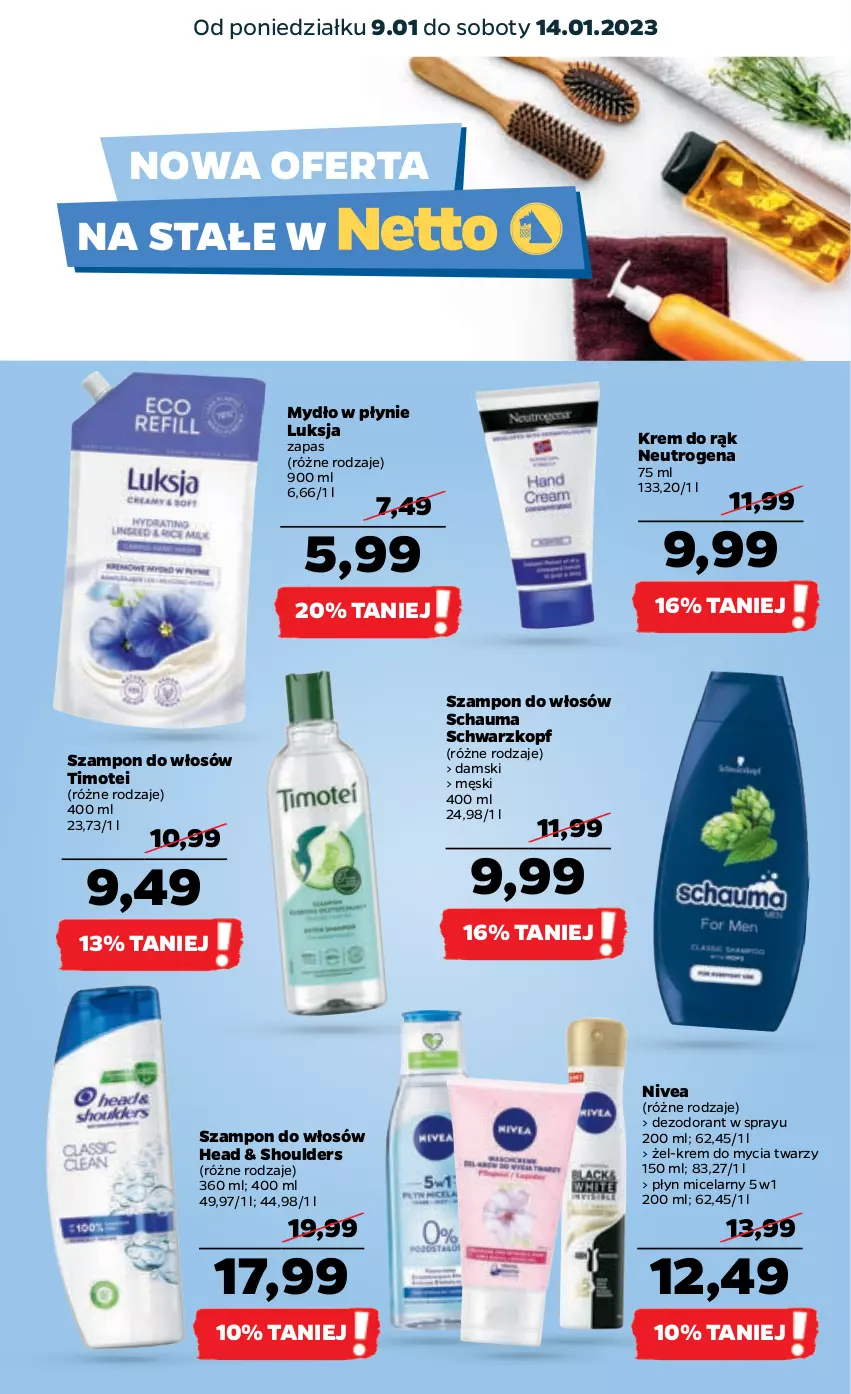 Gazetka promocyjna Netto - Artykuły spożywcze - ważna 09.01 do 14.01.2023 - strona 19 - produkty: Dezodorant, Krem do rąk, Luksja, Mydło, Mydło w płynie, Neutrogena, Nivea, Płyn micelarny, Schauma, Schwarzkopf, Szampon