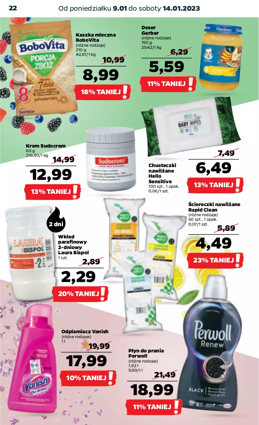 Gazetka promocyjna Netto - Artykuły spożywcze - ważna 09.01 do 14.01.2023 - strona 22 - produkty: BoboVita, Chusteczki, Deser, Gerber, Laur, Odplamiacz, Perwoll, Płyn do prania, Ser, Vanish