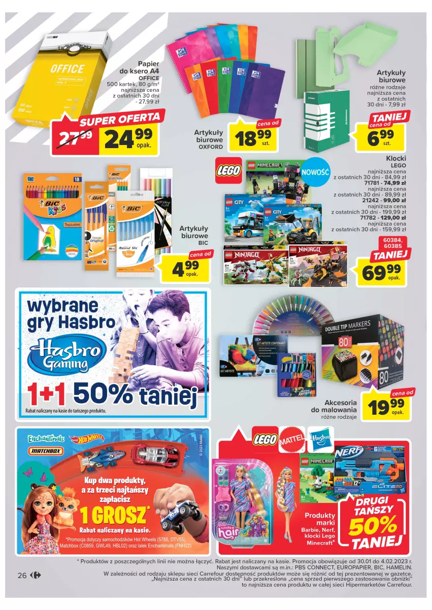 Gazetka promocyjna Carrefour - Gazetka Carrefour - ważna 24.01 do 04.02.2023 - strona 26 - produkty: BIC, Biuro, Klocki, LEGO, Mattel, Papier, Papier do ksero, Ser