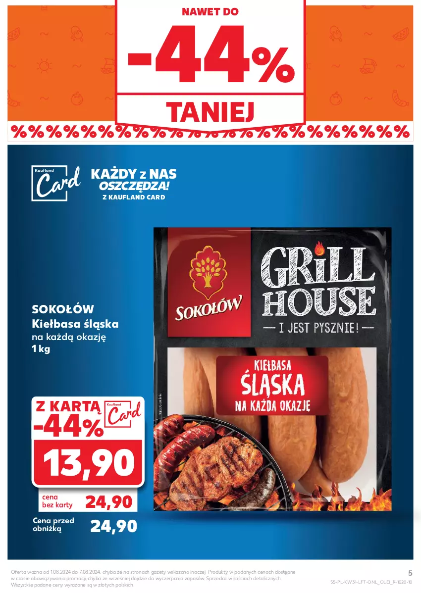 Gazetka promocyjna Kaufland - Gazetka tygodnia - ważna 01.08 do 07.08.2024 - strona 5 - produkty: Kiełbasa, Kiełbasa śląska, Olej, Sok, Sokołów