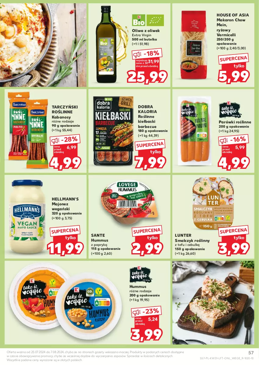 Gazetka promocyjna Kaufland - Gazetka tygodnia - ważna 01.08 do 07.08.2024 - strona 57 - produkty: Gin, Hellmann’s, House of Asia, Hummus, Kabanos, Majonez, Makaron, Mus, Oliwa, Oliwa z oliwek, Parówki, Roślinne kabanosy, Roślinne kiełbaski, Ryż, Sante, Tarczyński, Tofu