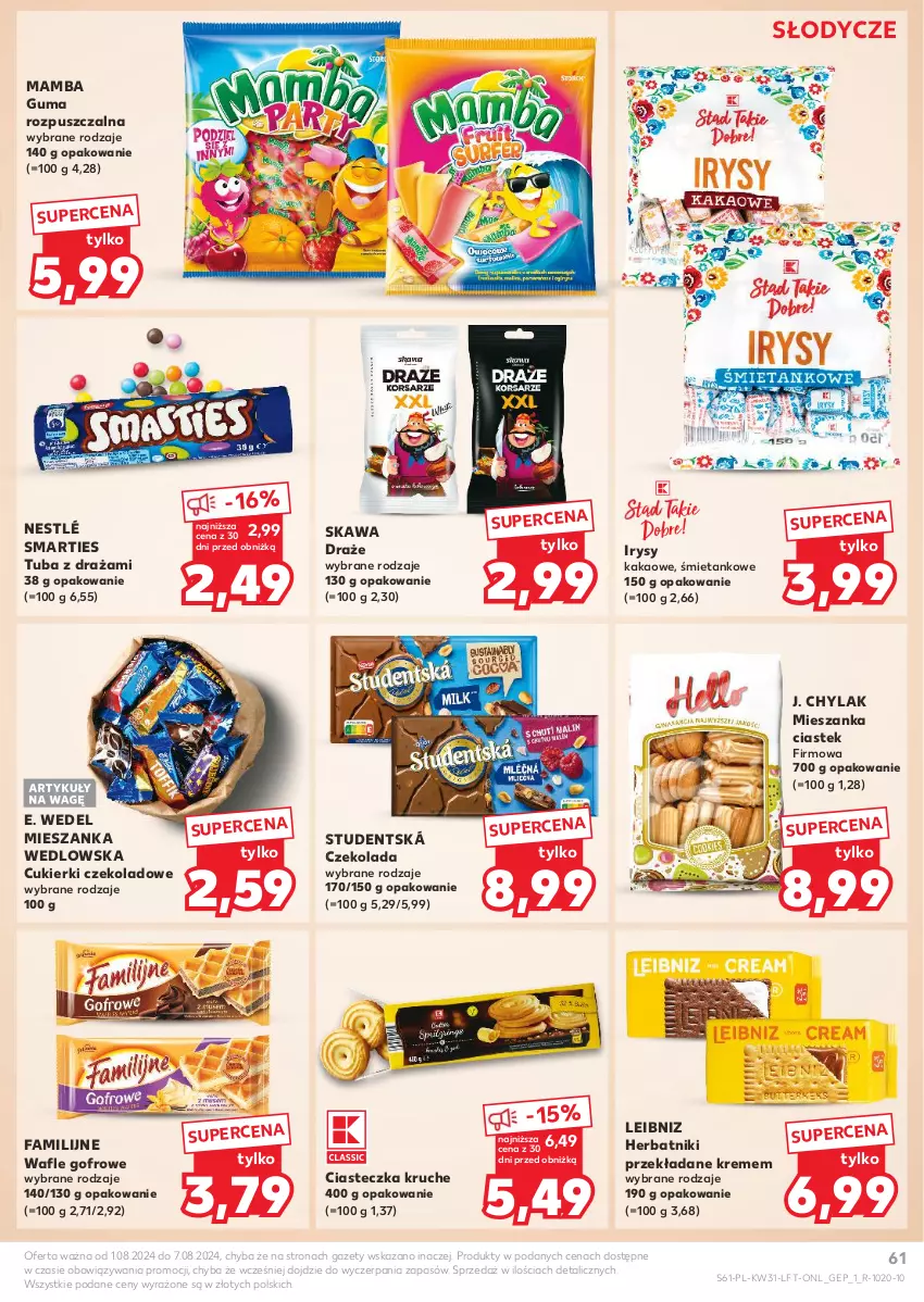 Gazetka promocyjna Kaufland - Gazetka tygodnia - ważna 01.08 do 07.08.2024 - strona 61 - produkty: Cukier, Cukierki, Cukierki czekoladowe, Czekolada, E. Wedel, Fa, Guma rozpuszczalna, Herbatniki, J. Chylak, Kakao, Kawa, Mamba, Mieszanka wedlowska, Nestlé, Stek, Wafle