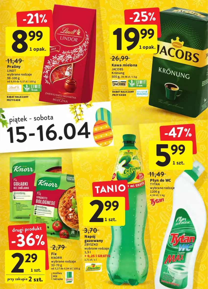 Gazetka promocyjna Intermarche - Wielkanoc - ważna 12.04 do 19.04.2022 - strona 15 - produkty: Gra, Jacobs, Jacobs Krönung, Kawa, Kawa mielona, Knorr, Lindt, Napój, Napój gazowany, Płyn do wc, Praliny, Tytan