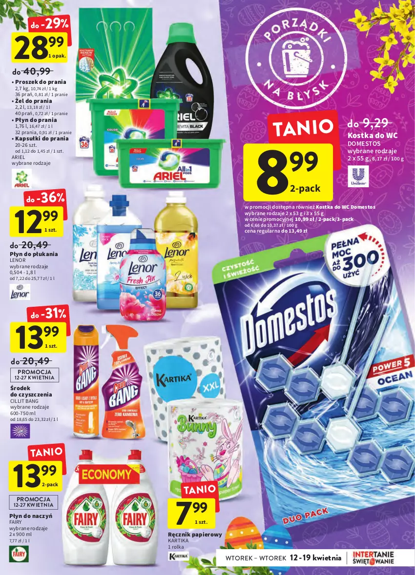 Gazetka promocyjna Intermarche - Wielkanoc - ważna 12.04 do 19.04.2022 - strona 45 - produkty: Ariel, Cillit Bang, Domestos, Fa, Fairy, Kapsułki do prania, Kostka do wc, Lenor, Papier, Płyn do płukania, Płyn do prania, Proszek do prania, Ręcznik