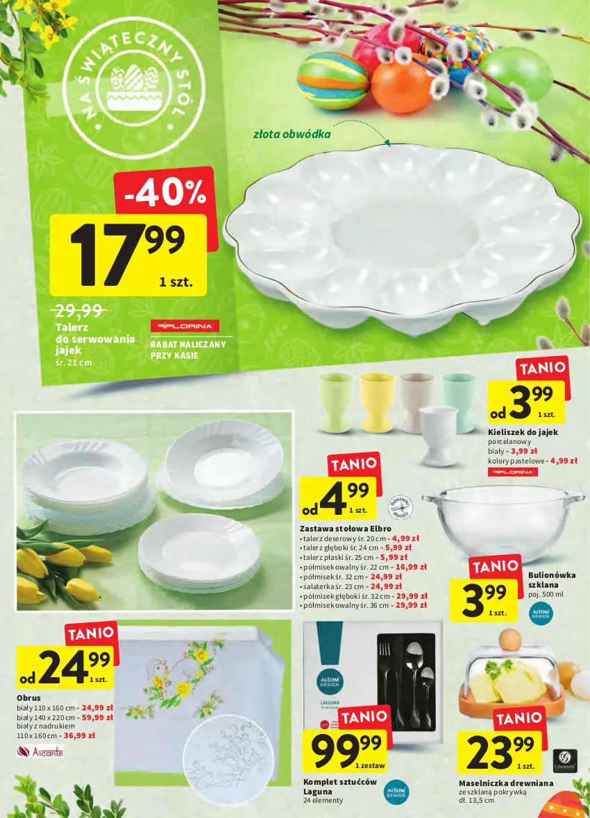 Gazetka promocyjna Intermarche - Wielkanoc - ważna 12.04 do 19.04.2022 - strona 46 - produkty: Bulion, Deser, Kieliszek, LANA, Lion, Maselniczka, Obrus, Por, Salaterka, Ser, Talerz, Talerz deserowy, Talerz głęboki, Wódka