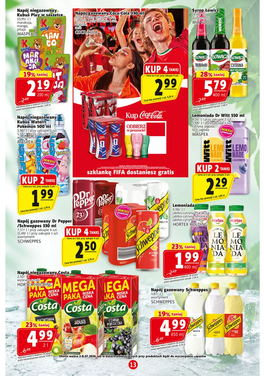 Gazetka promocyjna Prim Market - ważna 02.07 do 08.07.2026 - strona 13 - produkty: Fa, Hortex, Kubuś, Kubuś Waterrr, Lemoniada, Liczi, Limonka, Mango, Napój, Napój gazowany, Schweppes