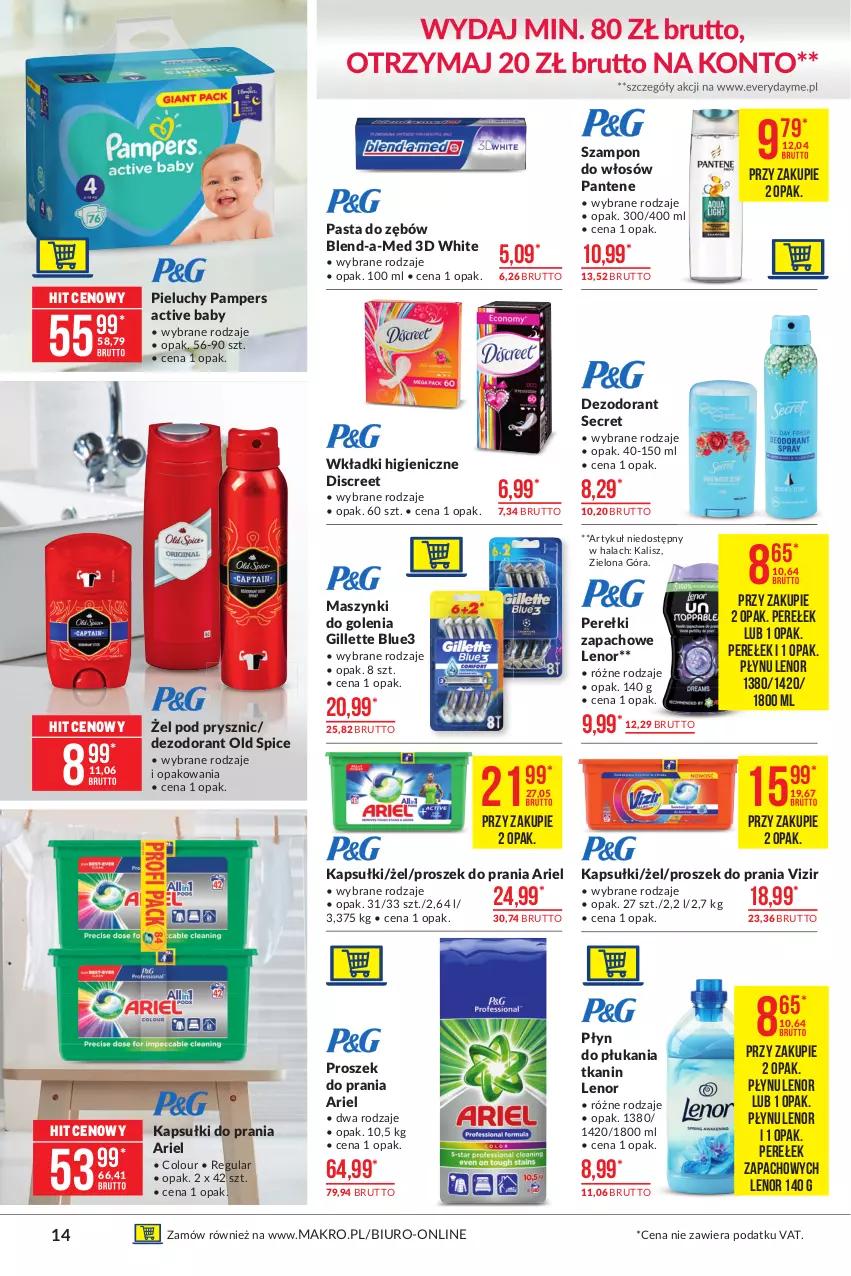 Gazetka promocyjna Makro - [Oferta specjalna] Artykuły spożywcze - ważna 09.03 do 22.03.2021 - strona 14 - produkty: Ariel, Biuro, Blend-a-Med, Dezodorant, Discreet, Gillette, Kapsułki do prania, Lenor, Old Spice, Pampers, Pantene, Pasta do zębów, Perełki zapachowe, Pieluchy, Płyn do płukania, Proszek do prania, Szampon, Vizir, Wkładki