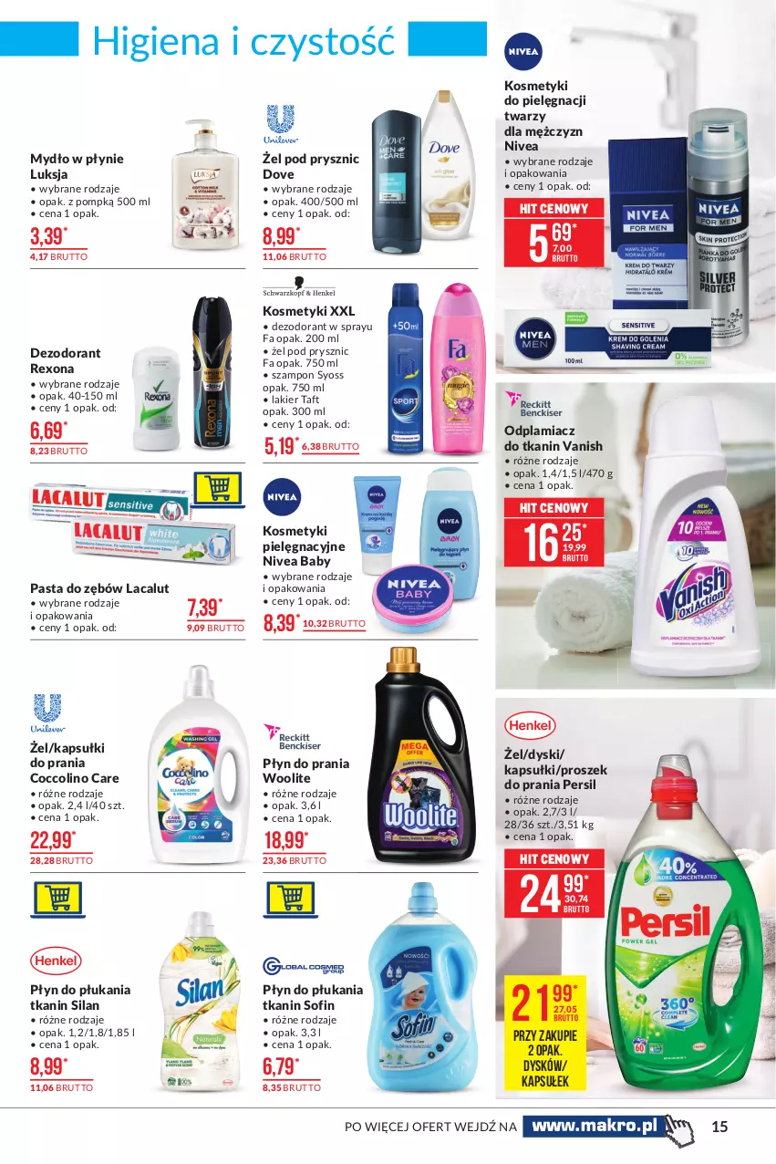 Gazetka promocyjna Makro - [Oferta specjalna] Artykuły spożywcze - ważna 09.03 do 22.03.2021 - strona 15 - produkty: Coccolino, Dezodorant, Dove, Fa, Kapsułki do prania, Kosmetyki do pielęgnacji, Lacalut, Lakier, Luksja, Mydło, Mydło w płynie, Nivea, Nivea Baby, Odplamiacz, Pasta do zębów, Persil, Płyn do płukania, Płyn do prania, Proszek do prania, Rexona, Silan, Syoss, Szampon, Taft, Vanish, Woolite