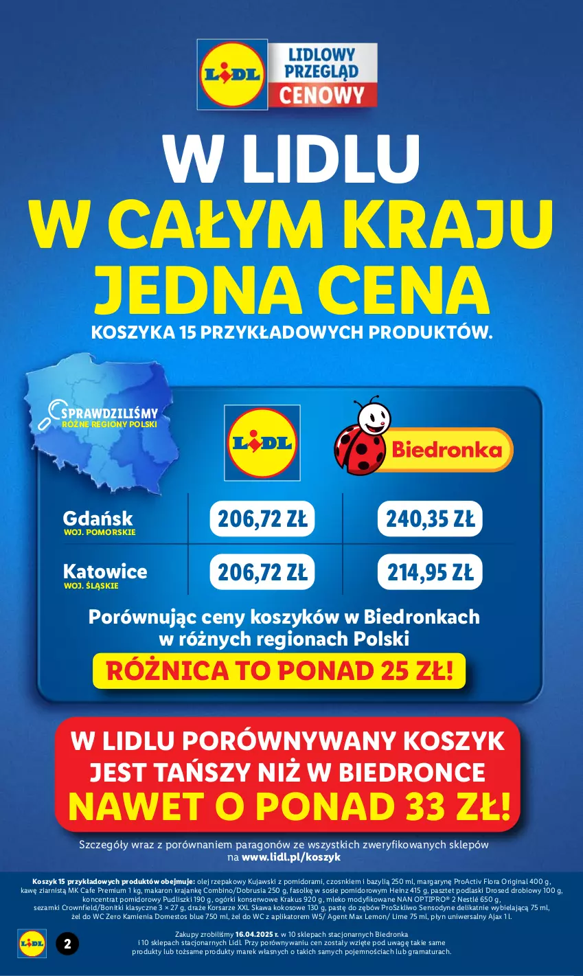 Gazetka promocyjna Lidl - GAZETKA - ważna 19.05 do 24.05.2025 - strona 2 - produkty: Ajax, Bazyl, Bonitki, Domestos, Fa, Flora, Gin, Gra, Heinz, Kawa, Kokos, Koncentrat pomidorowy, Kosz, Krakus, Kujawski, Makaron, Mleko, Mleko modyfikowane, NAN Optipro, Nestlé, Obrus, Ogórki konserwowe, Olej, Olej rzepakowy, Pasztet, Podlaski, Por, Pudliszki, Rama, Sensodyne, Ser, Sezam, Sos