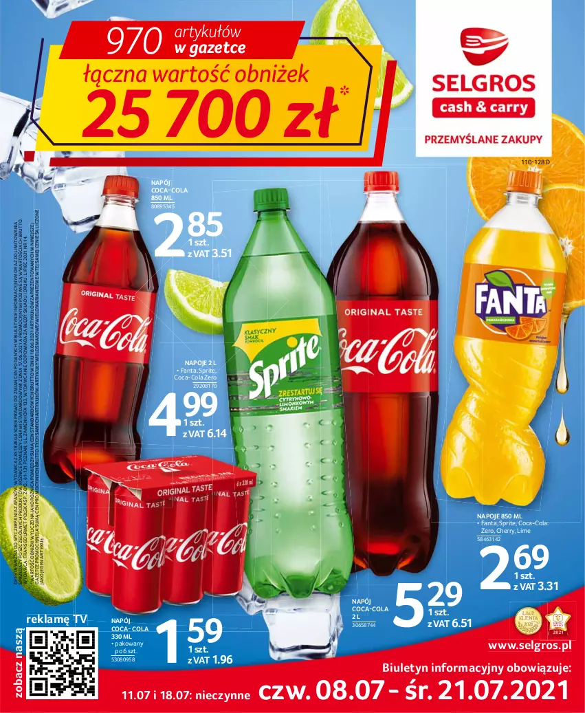 Gazetka promocyjna Selgros - Oferta spożywcza - ważna 08.07 do 21.07.2021 - strona 1 - produkty: Coca-Cola, Fa, Fanta, LG, Napój, Napoje, Piec, Sprite, Tran
