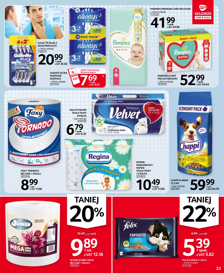 Gazetka promocyjna Selgros - Oferta spożywcza - ważna 08.07 do 21.07.2021 - strona 23 - produkty: Always, Always Ultra, Chappi, Felix, Foxy, Gillette, Gin, Majtki, Pampers, Papier, Papier toaletowy, Pieluchomajtki, Podpaski, Ręcznik, Rum, Velvet