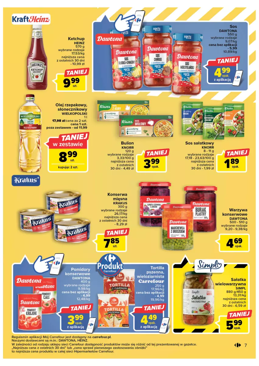 Gazetka promocyjna Carrefour - Gazetka Carrefour - ważna 07.03 do 18.03.2023 - strona 9 - produkty: Bulion, Dawtona, Heinz, Ketchup, Knorr, Lion, Marchewka, Olej, Olej rzepakowy, Pomidory, Sałat, Ser, Sos, Tortilla, Warzywa