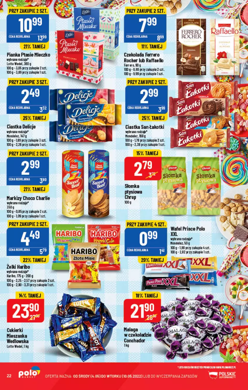 Gazetka promocyjna PoloMarket - Gazetka pomocyjna - ważna 04.05 do 10.05.2022 - strona 22 - produkty: Ciastka, Cukier, Cukierki, Czekolada, Delicje, Fa, Ferrero, Haribo, Mleczko, Prince Polo, Ptasie mleczko, Raffaello, Sos