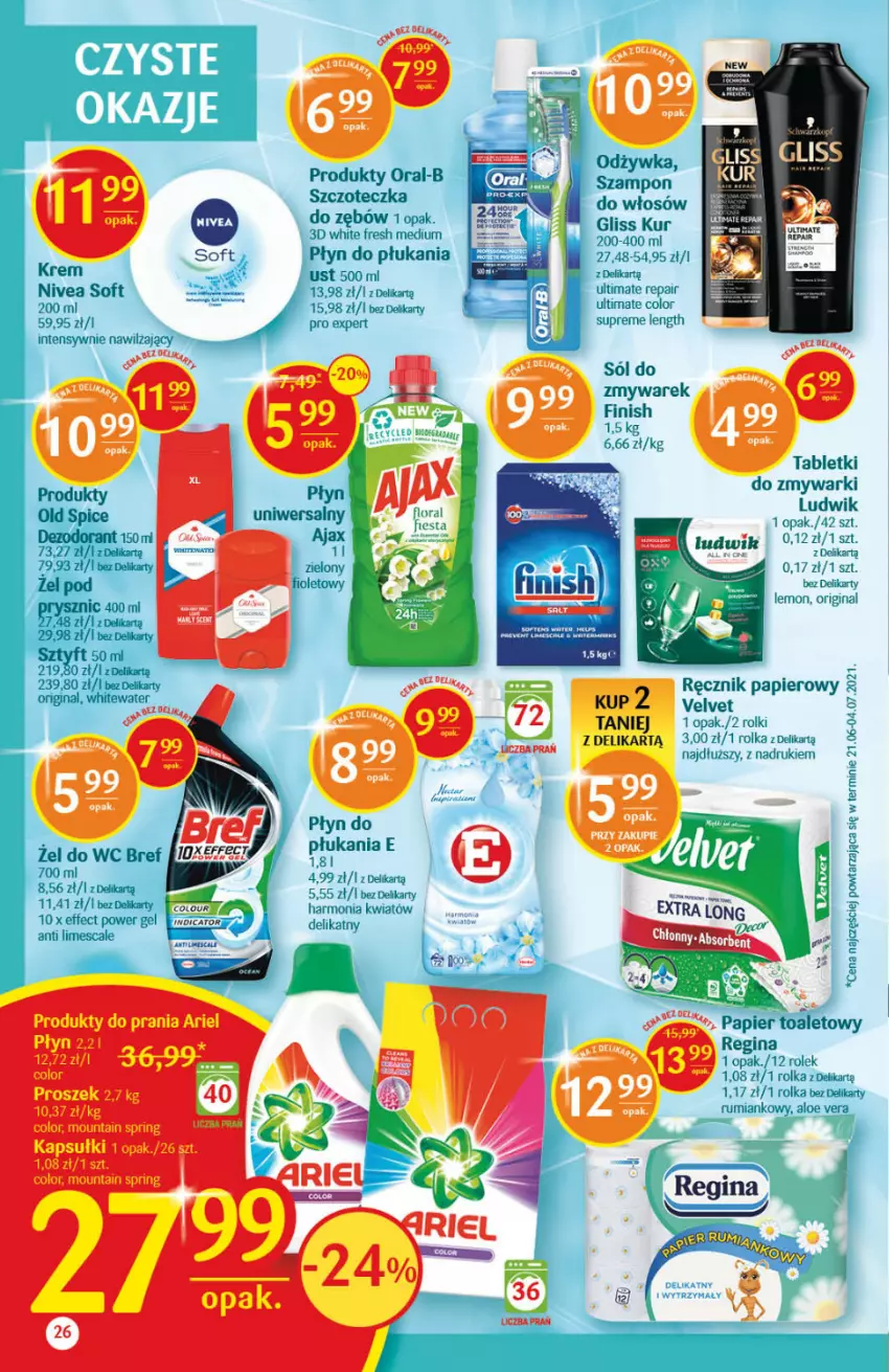 Gazetka promocyjna Delikatesy Centrum - Gazetka Delikatesy Centrum - ważna 19.08 do 25.08.2021 - strona 26 - produkty: Ajax, Aloe vera, Ariel, Dezodorant, Finish, Gin, Gliss Kur, Ludwik, Nivea, Odżywka, Old Spice, Papier, Papier toaletowy, Płyn do płukania, Ręcznik, Rolki, Rum, Sól, Szampon, Szczoteczka, Tablet, Tabletki do zmywarki, Velvet, Zmywarki