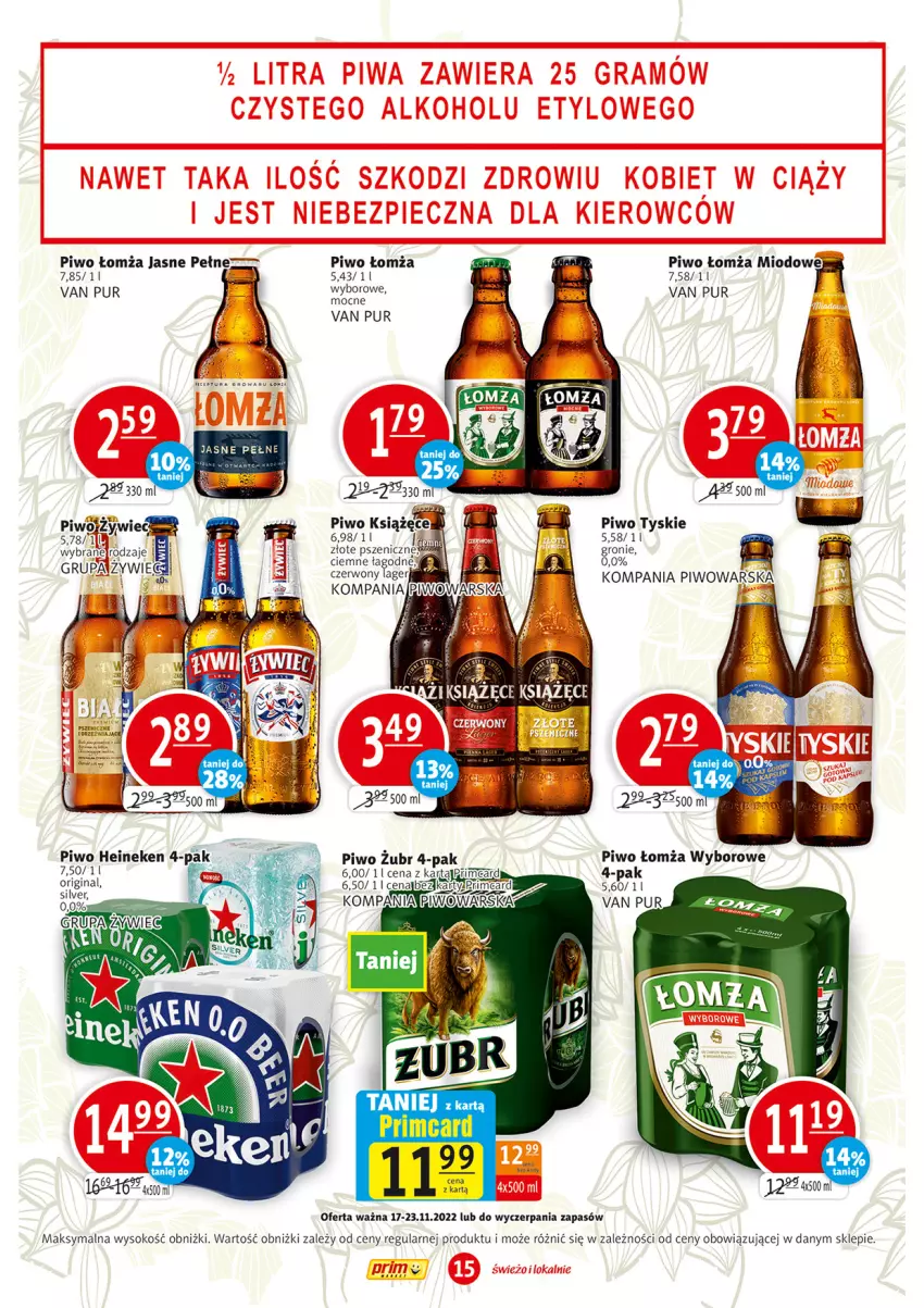 Gazetka promocyjna Prim Market - ważna 17.11 do 23.11.2022 - strona 15 - produkty: Heineken, Piwo, Pur, Sok, Tyskie