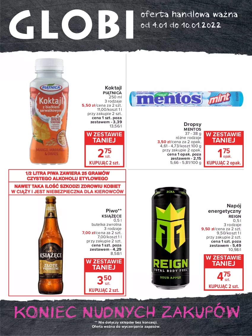 Gazetka promocyjna Carrefour - Gazetka Globi - ważna 04.01 do 10.01.2022 - strona 1 - produkty: Gra, Kosz, Książęce, Mentos, Napój, Napój energetyczny, Piątnica, Piec, Piwa, Piwo