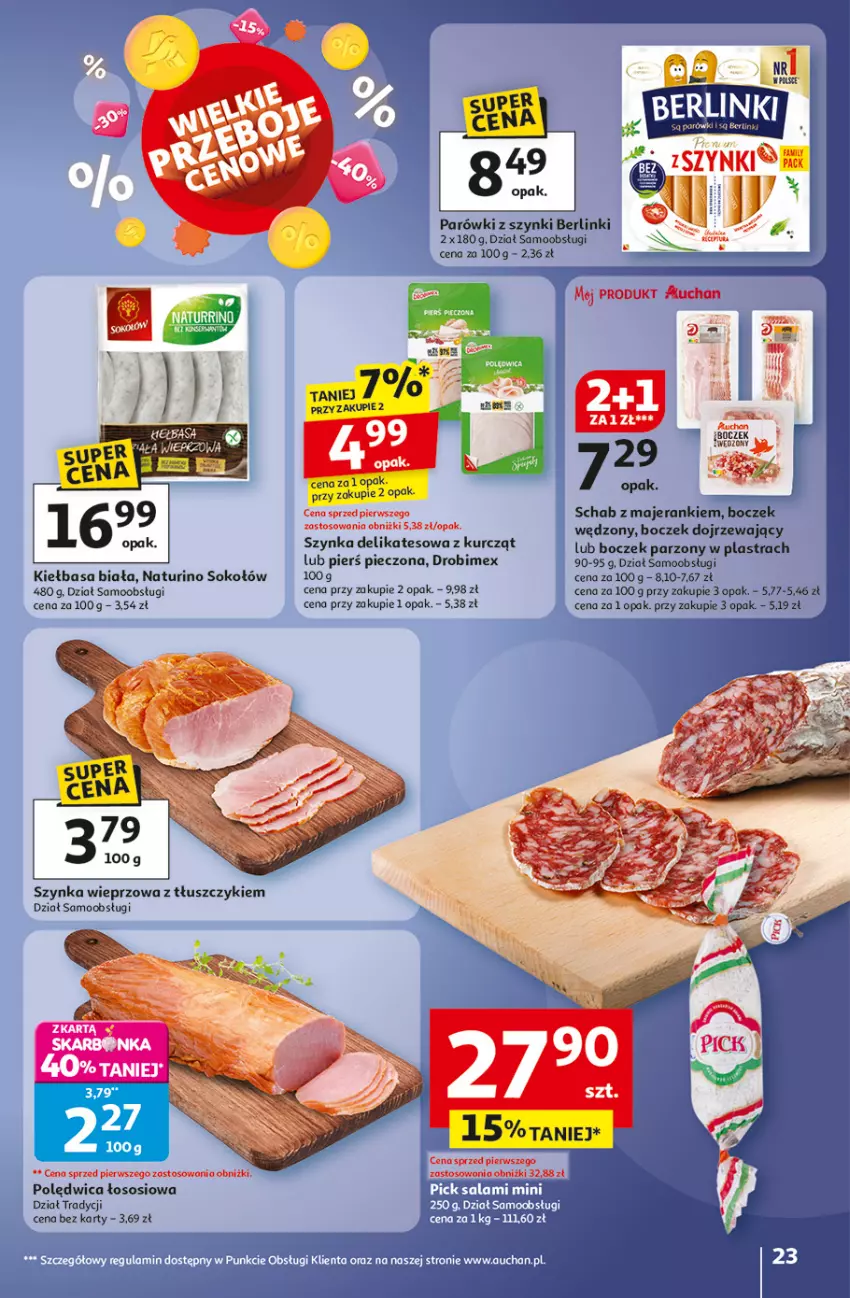 Gazetka promocyjna Auchan - Pewność niskich cen Hipermarket - ważna 02.10 do 08.10.2025 - strona 23 - produkty: Berlinki, Boczek, Drobimex, Kiełbasa, Kiełbasa biała, Parówki, Parówki z szynki, Piec, Polędwica, Sok, Sokołów, Sos, Szynka, Szynka delikatesowa, Szynka wieprzowa