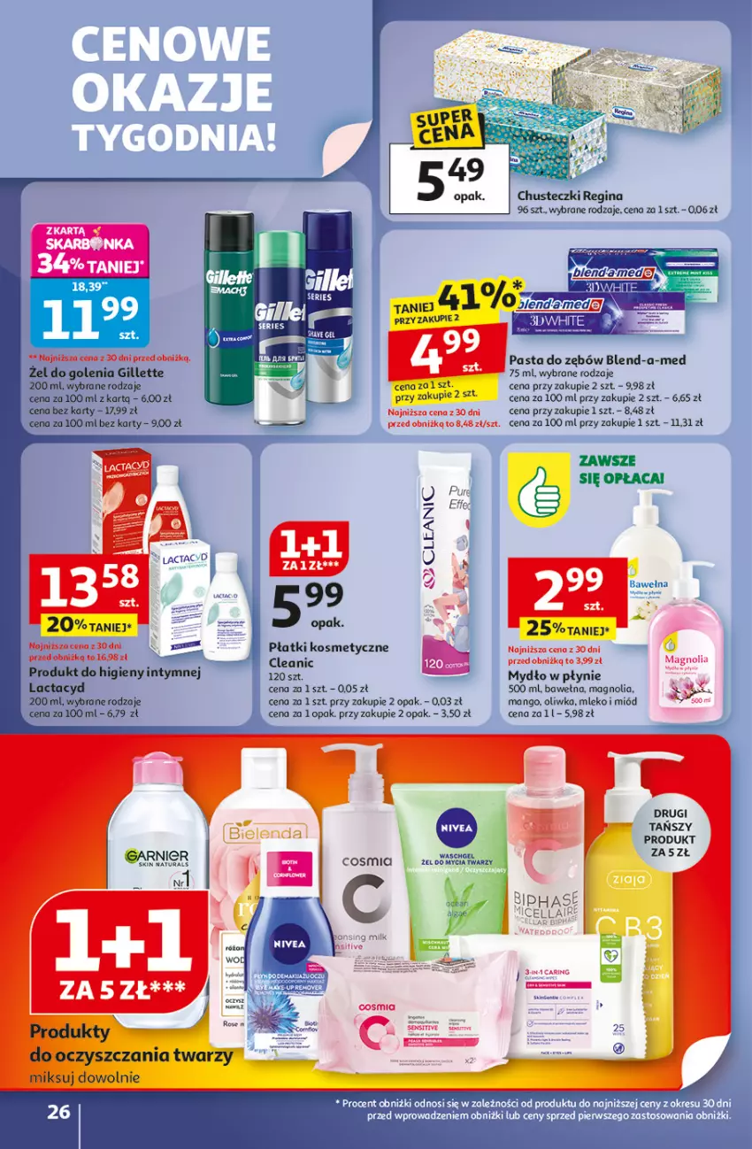 Gazetka promocyjna Auchan - Pewność niskich cen Hipermarket - ważna 02.10 do 08.10.2025 - strona 26 - produkty: Blend-a-Med, Chusteczki, Cleanic, Garnier, Gillette, Gin, Lactacyd, Mango, Miód, Mleko, Mydło, Mydło w płynie, Pasta do zębów, Płatki kosmetyczne, Wełna