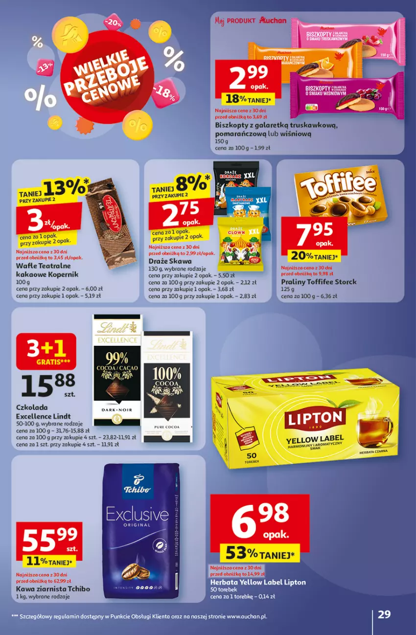 Gazetka promocyjna Auchan - Pewność niskich cen Hipermarket - ważna 02.10 do 08.10.2025 - strona 29 - produkty: Biszkopty, Fa, Gala, Kakao, Kawa, Kawa ziarnista, Lindt, Praliny, Pur, Tchibo, Toffifee, Wafle