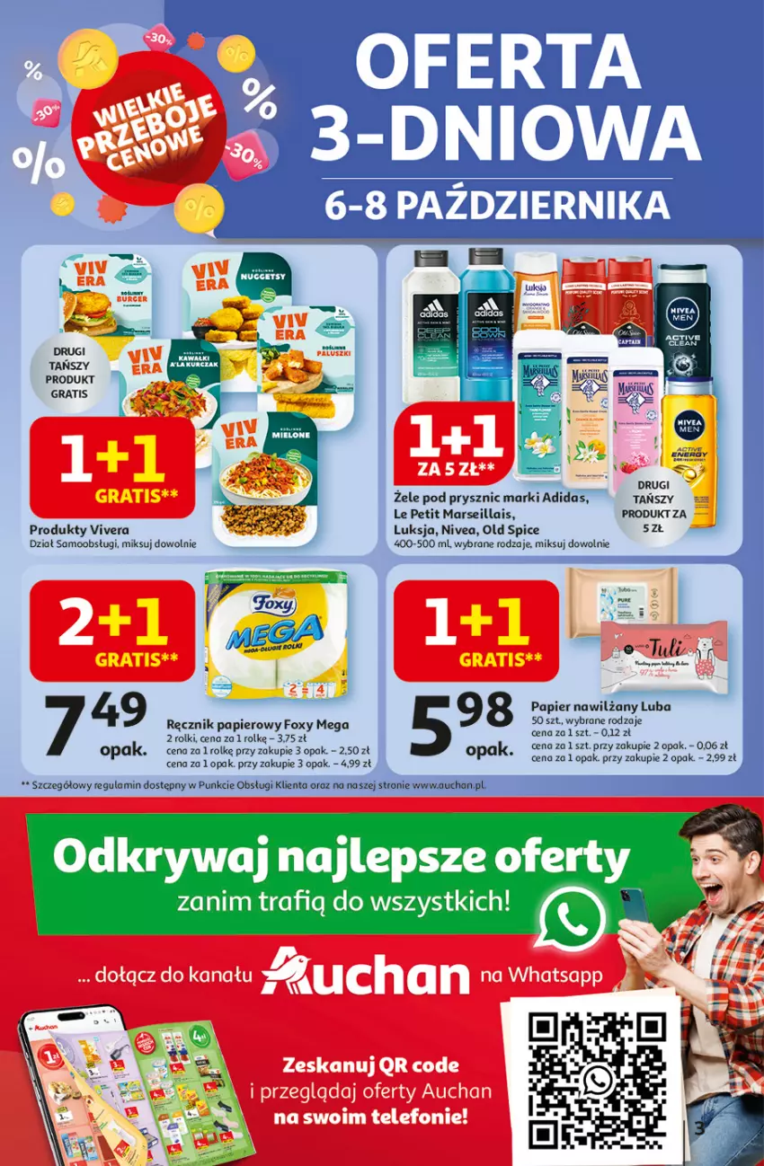 Gazetka promocyjna Auchan - Pewność niskich cen Hipermarket - ważna 02.10 do 08.10.2025 - strona 3 - produkty: Adidas, Foxy, Gra, Luksja, Mars, Nivea, Old Spice, Papier, Ręcznik, Rolki
