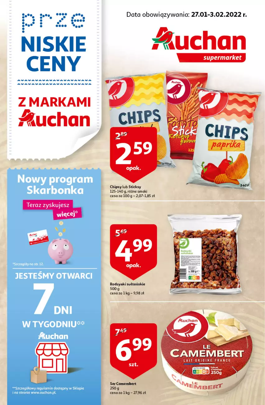 Gazetka promocyjna Auchan - przeNISKIE CENY z markami Auchan Supermarkety - ważna 27.01 do 03.02.2022 - strona 1 - produkty: Camembert, Chipsy, Gin, Gra, Rodzynki, Ser, Tera