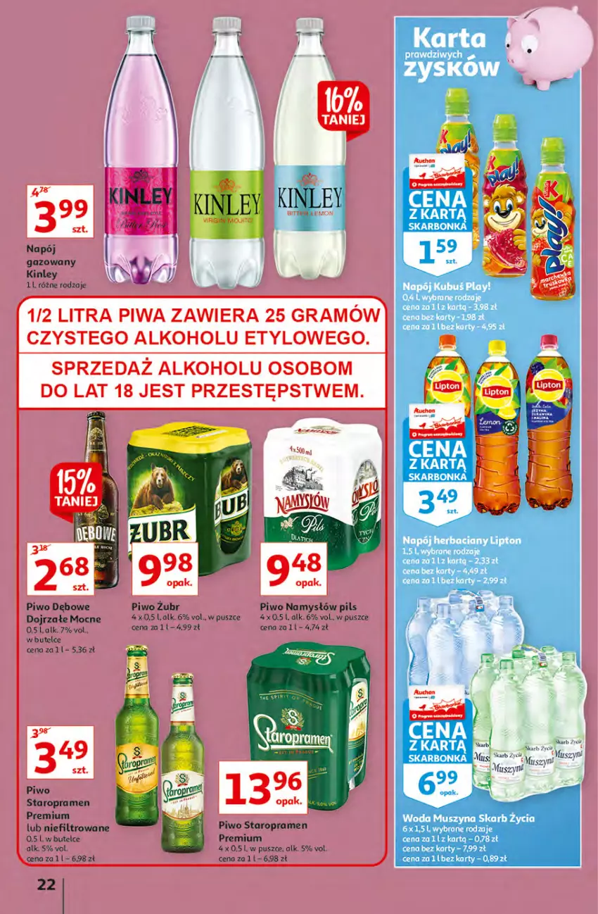 Gazetka promocyjna Auchan - Hiperoszczędzanie z Kartą Skarbonka 2 Hipermarkety - ważna 14.10 do 20.10.2021 - strona 22 - produkty: Kubuś, Lipton, Mus, Namysłów, Napój, Piwo, Szyna, Woda