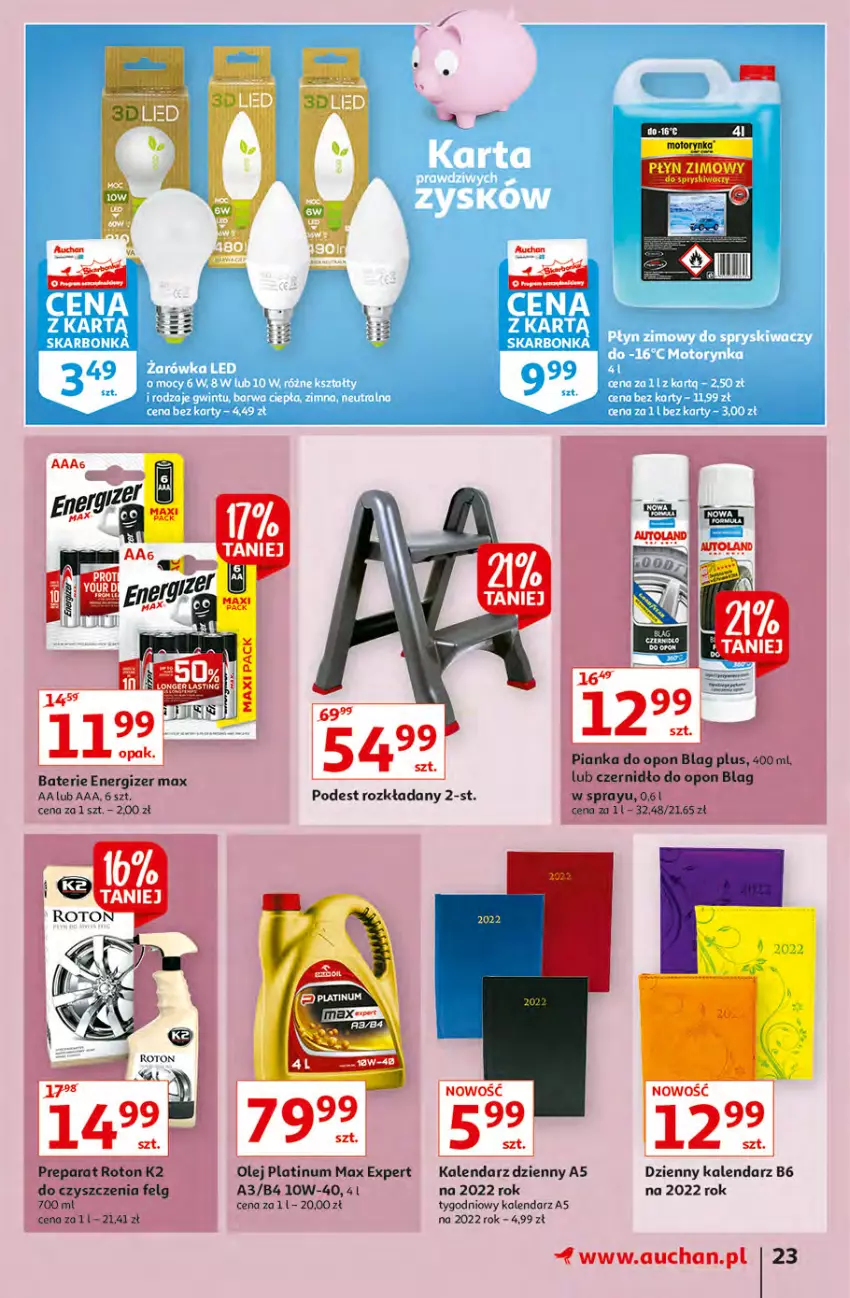 Gazetka promocyjna Auchan - Hiperoszczędzanie z Kartą Skarbonka 2 Hipermarkety - ważna 14.10 do 20.10.2021 - strona 23 - produkty: Blag, Energizer, K2, Kalendarz, LG, Olej, Pianka do opon