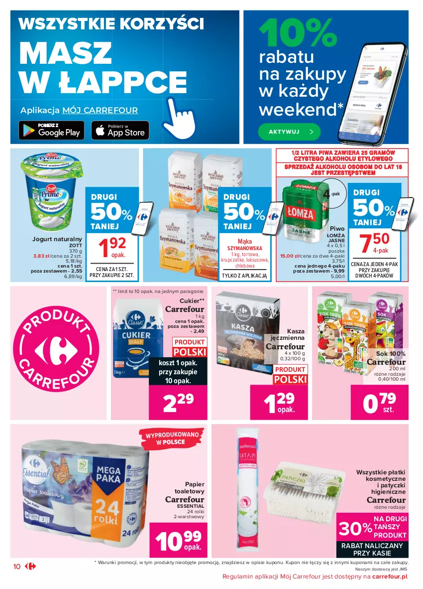 Gazetka promocyjna Carrefour - Gazetka Market - ważna 14.06 do 27.06.2021 - strona 10 - produkty: Chleb, Cukier, Gra, Jogurt, Jogurt naturalny, Kasza, Kasza jęczmienna, Kosz, Mąka, Papier, Papier toaletowy, Piwa, Piwo, Płatki kosmetyczne, Rolki, Sok, Zott