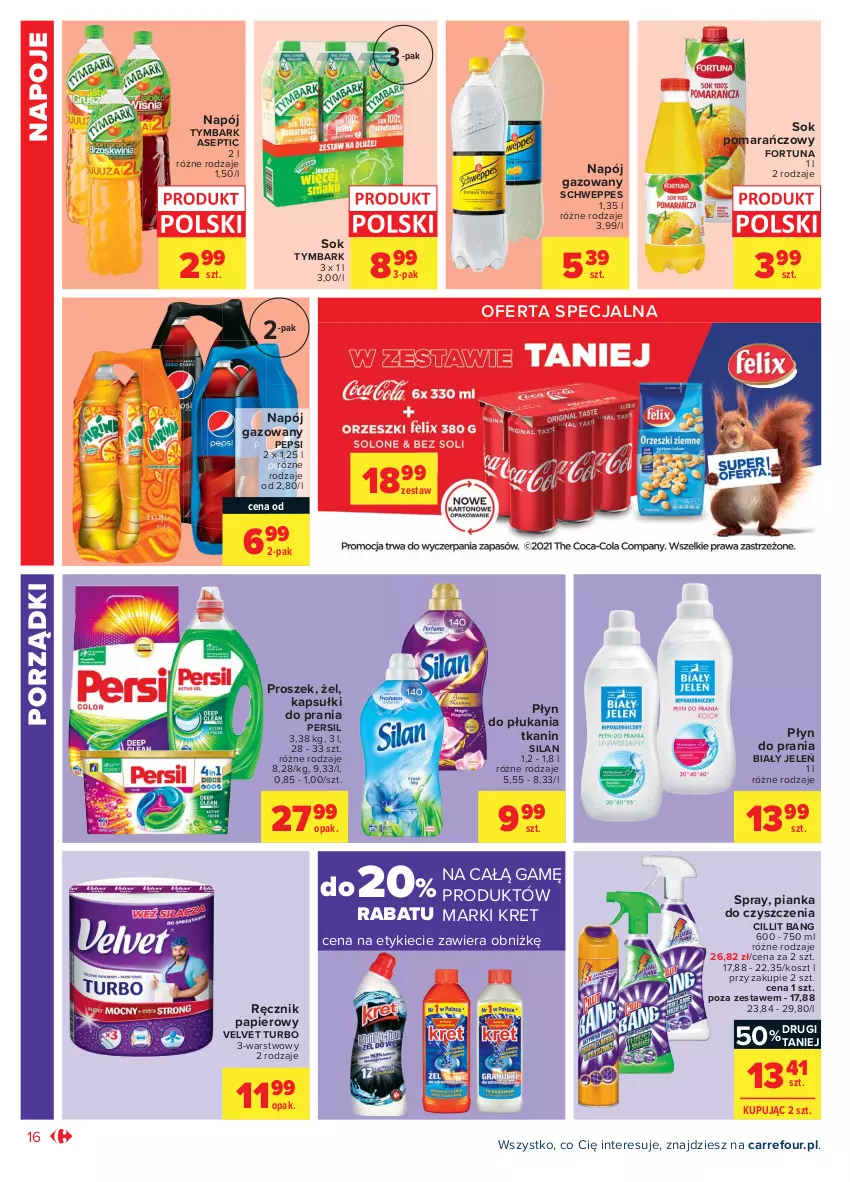 Gazetka promocyjna Carrefour - Gazetka Market - ważna 14.06 do 27.06.2021 - strona 16 - produkty: Biały Jeleń, Cillit Bang, Fortuna, Kapsułki do prania, Kosz, Kret, Napój, Napój gazowany, Napoje, Papier, Pepsi, Persil, Pianka do czyszczenia, Płyn do płukania, Płyn do prania, Por, Ręcznik, Schweppes, Silan, Sok, Sok pomarańczowy, Tymbark, Velvet