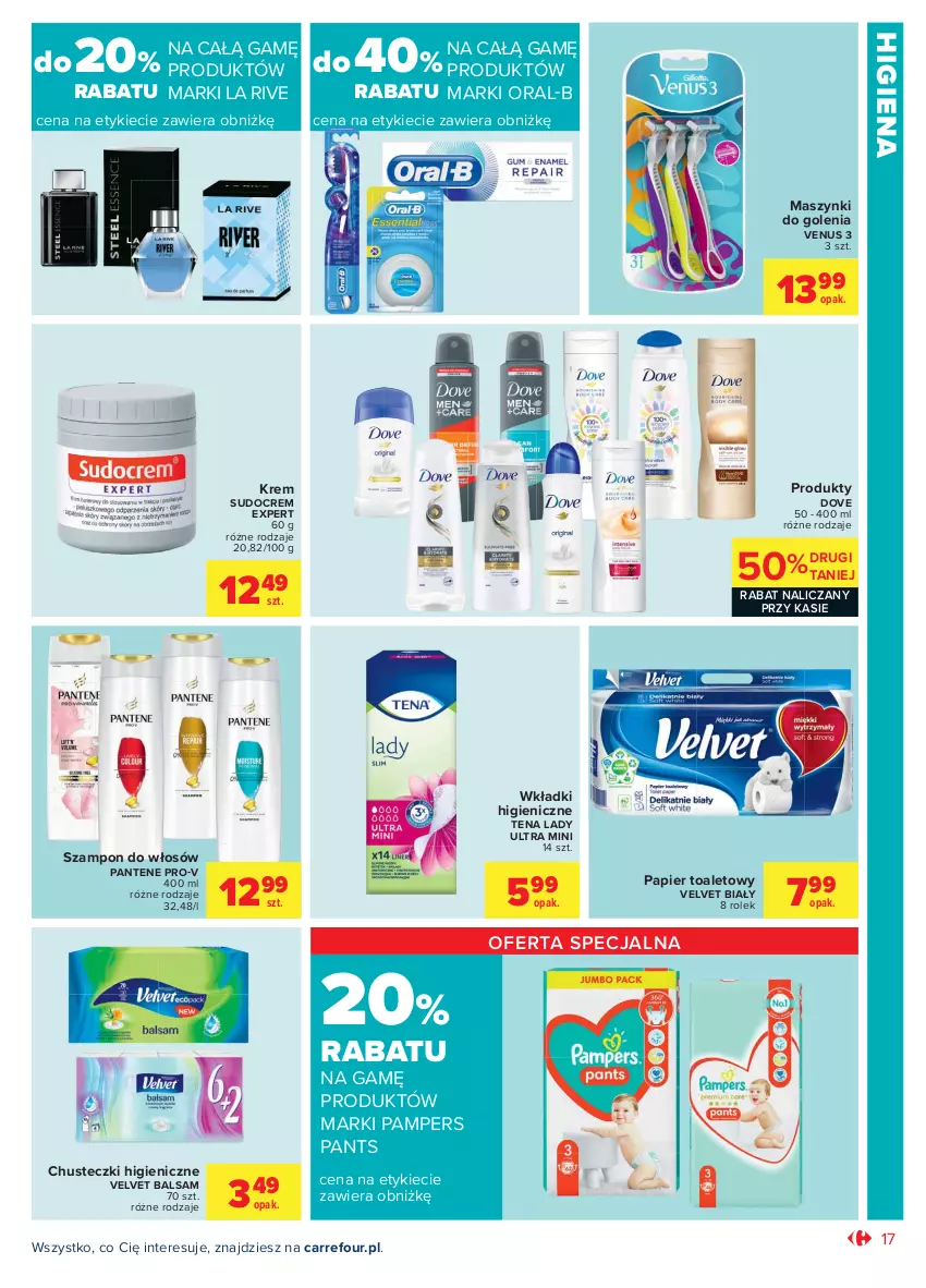 Gazetka promocyjna Carrefour - Gazetka Market - ważna 14.06 do 27.06.2021 - strona 17 - produkty: Chusteczki, Dove, La Rive, Pampers, Pantene, Papier, Papier toaletowy, Szampon, Velvet, Venus, Wkładki