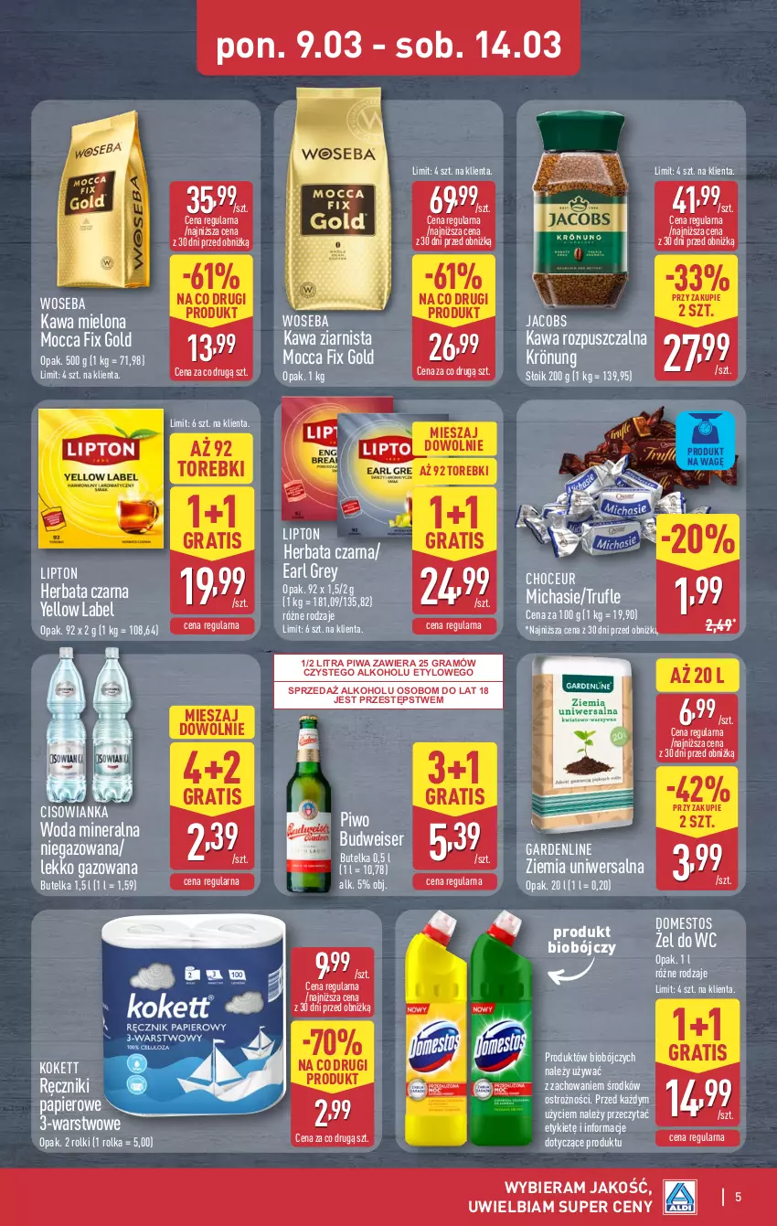 Gazetka promocyjna Aldi - Oferta weekendowa - ważna 12.03 do 14.03.2026 - strona 5 - produkty: Cisowianka, Domestos, Earl Grey, Gra, Herbata, Herbata czarna, Jacobs, Kawa, Kawa mielona, Kawa rozpuszczalna, Kawa ziarnista, Lipton, Mocca Fix Gold, Papier, Piwa, Piwo, Ręcznik, Ręczniki papierowe, Rolki, Ser, Woda, Woda mineralna, Woseba