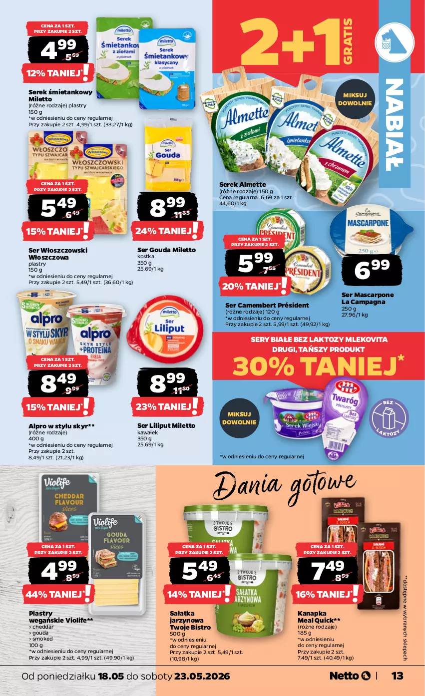 Gazetka promocyjna Netto - Od Poniedziałku - ważna 18.05 do 23.05.2026 - strona 13 - produkty: Almette, Alpro, Camembert, Cheddar, Dania gotowe, Gouda, Gra, Kawa, Mascarpone, Mleko, Mlekovita, Président, Sałat, Sałatka, Ser, Serek, Wałek, Włoszczowski